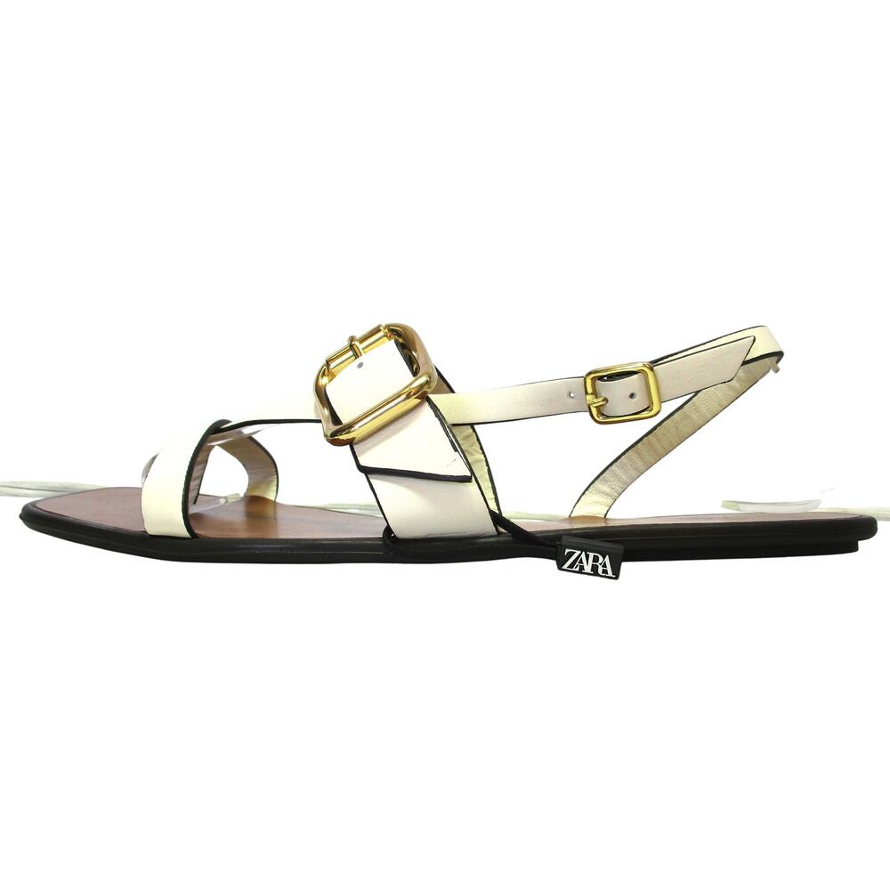 New ZARA Cream Leather Gold Buckle Strappy Flat Sandals Women Sz 8.5 - Picture 5 of 9